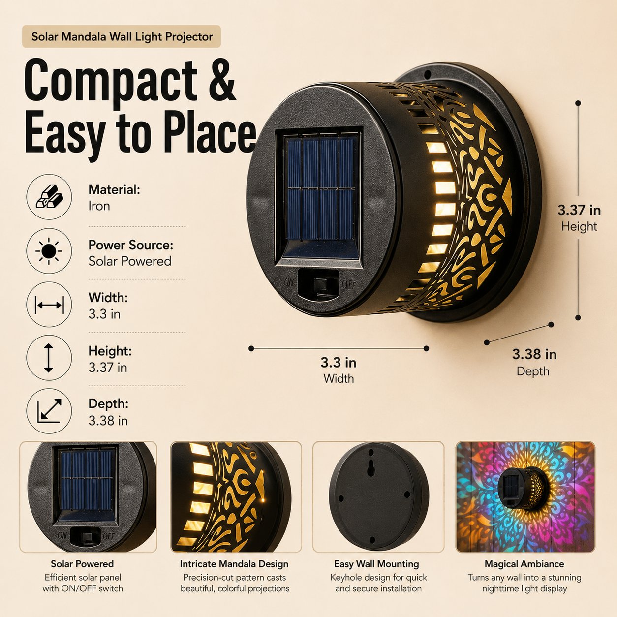 🌸Solar Mandala Wall Light Outdoor Garden Fence Projector Lamp Patio Ambient Decor