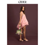 Cider V-Neck Halter Ruffled Tulle Glitter Mini Dress for Women