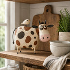 🐄Whimsical Cow & Bird Folk Art Figurine – Rustic Farmhouse Tabletop Decor Gift