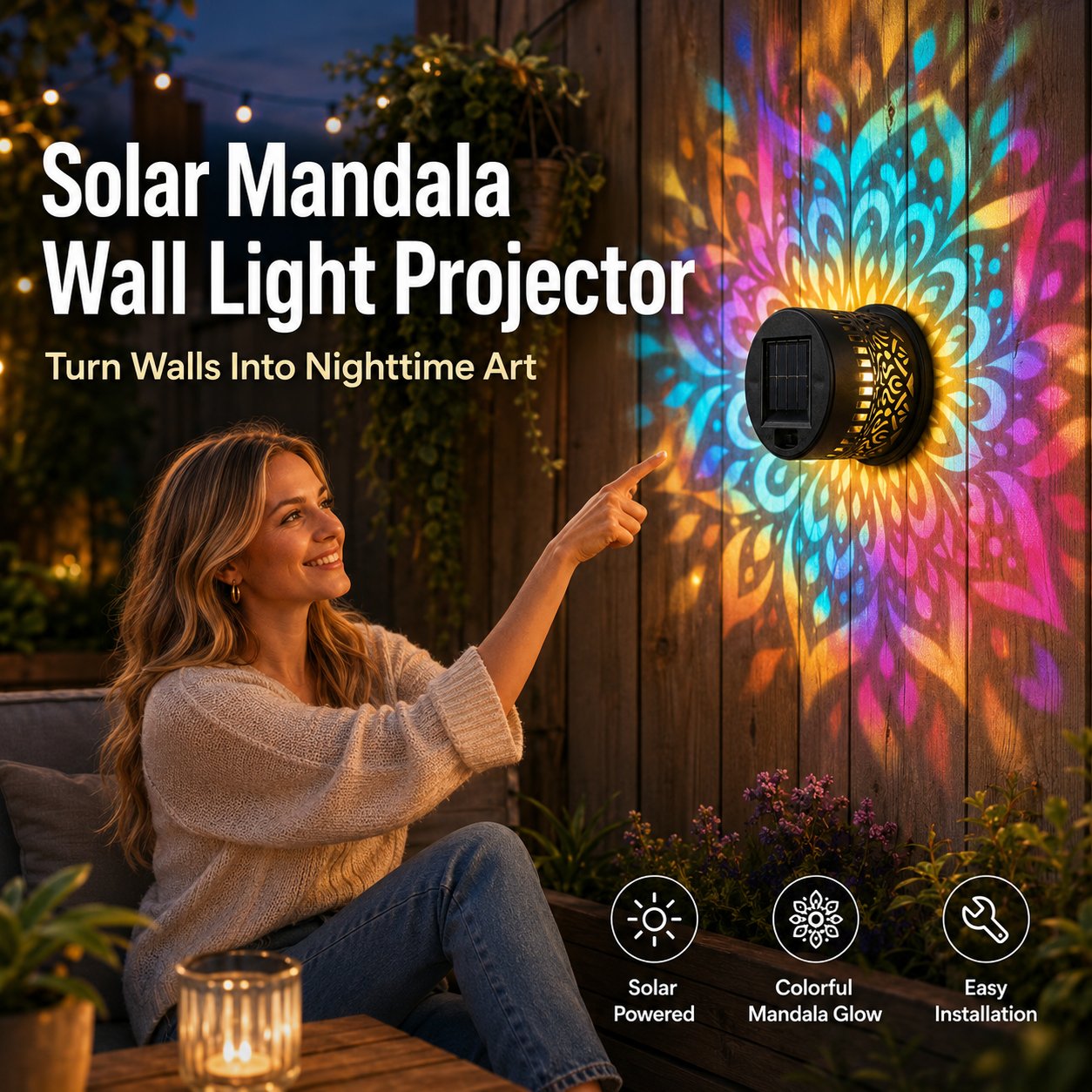 🌸Solar Mandala Wall Light Outdoor Garden Fence Projector Lamp Patio Ambient Decor
