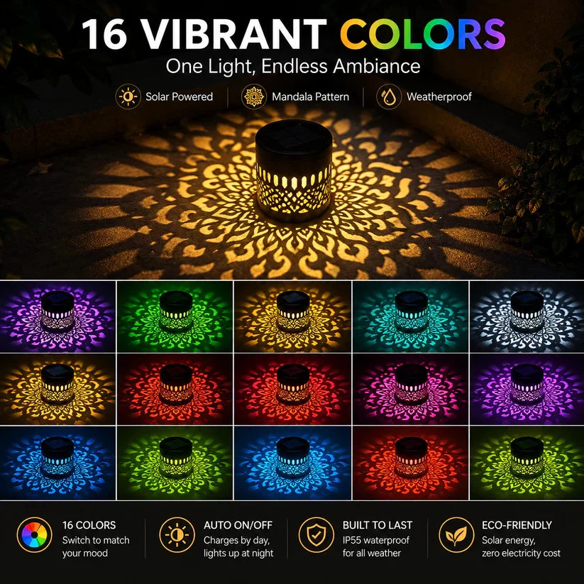 Solar Mandala Wall Light Outdoor Garden Fence Projector Lamp Patio Ambient Decor