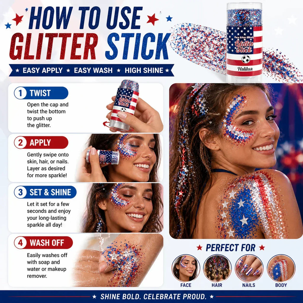 3-in-1 Patriotic Glow😍✨Red, White & Blue Glitter Body Stick