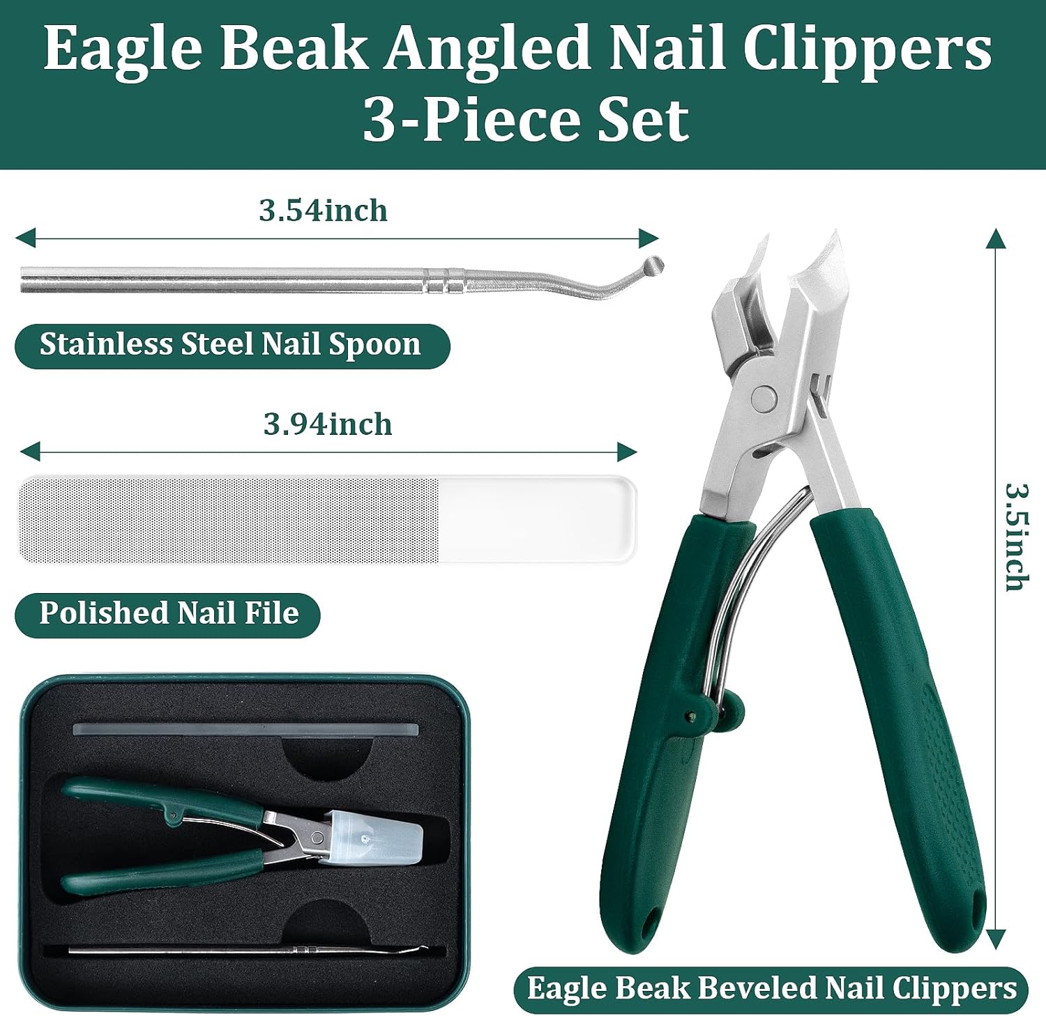 3Pcs Eagle-Beak Ingrown Toenail Clipper  – Ultra Sharp, Precision 30° Curved Blade, Splash-Proof