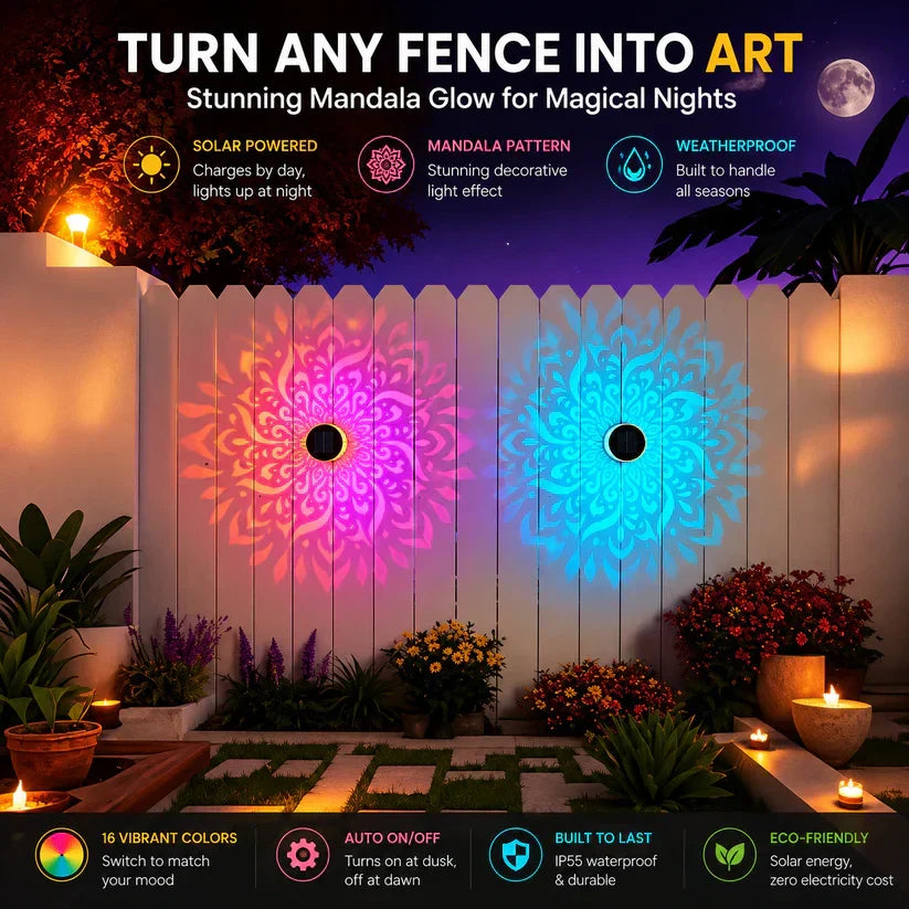Solar Mandala Wall Light Outdoor Garden Fence Projector Lamp Patio Ambient Decor