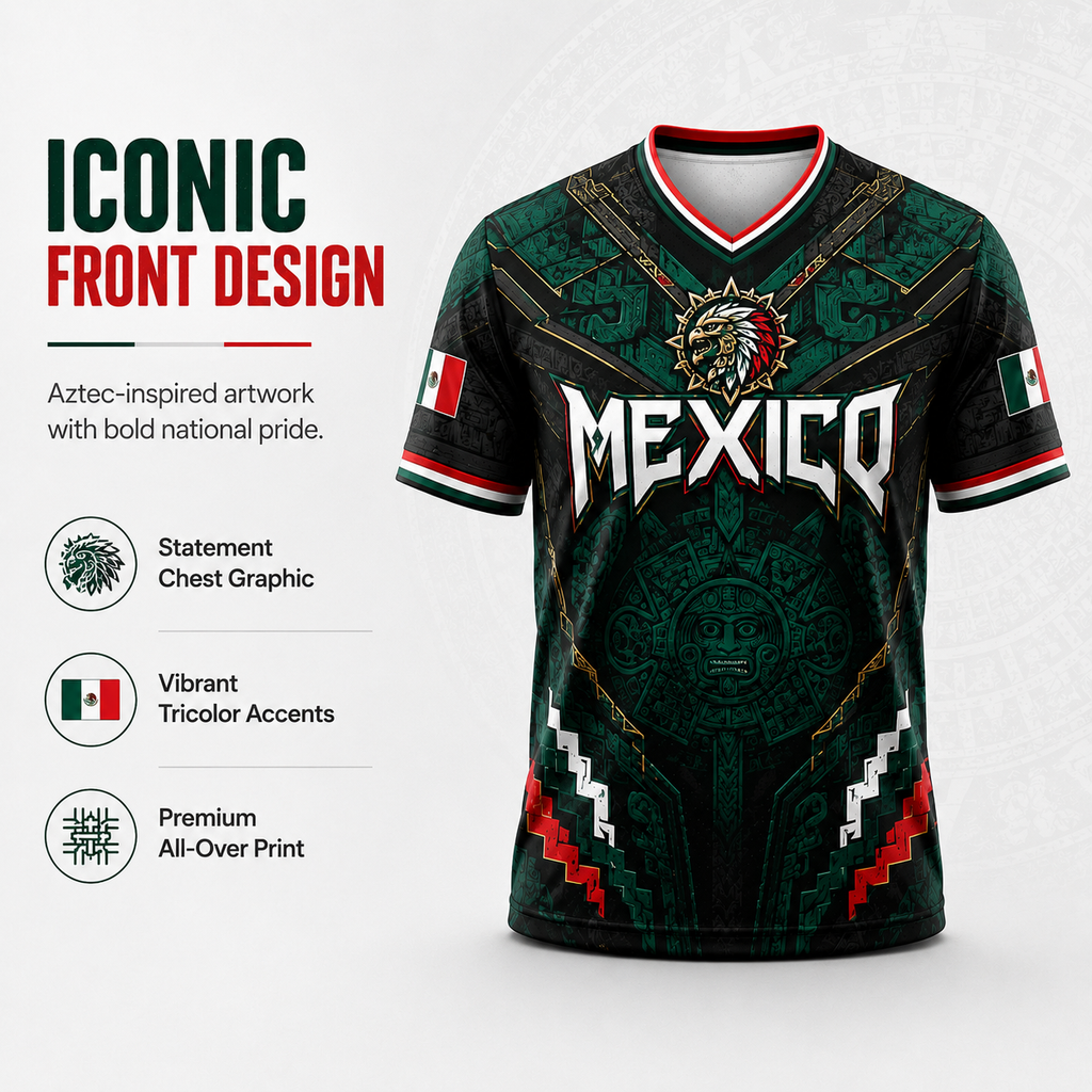 2026 New Mexico Eagle Warrior V-Neck Sports Jersey, Aztec Calendar Graphic Short Sleeve Shirt for Men, Green Black Soccer Fan Tee,summerwins