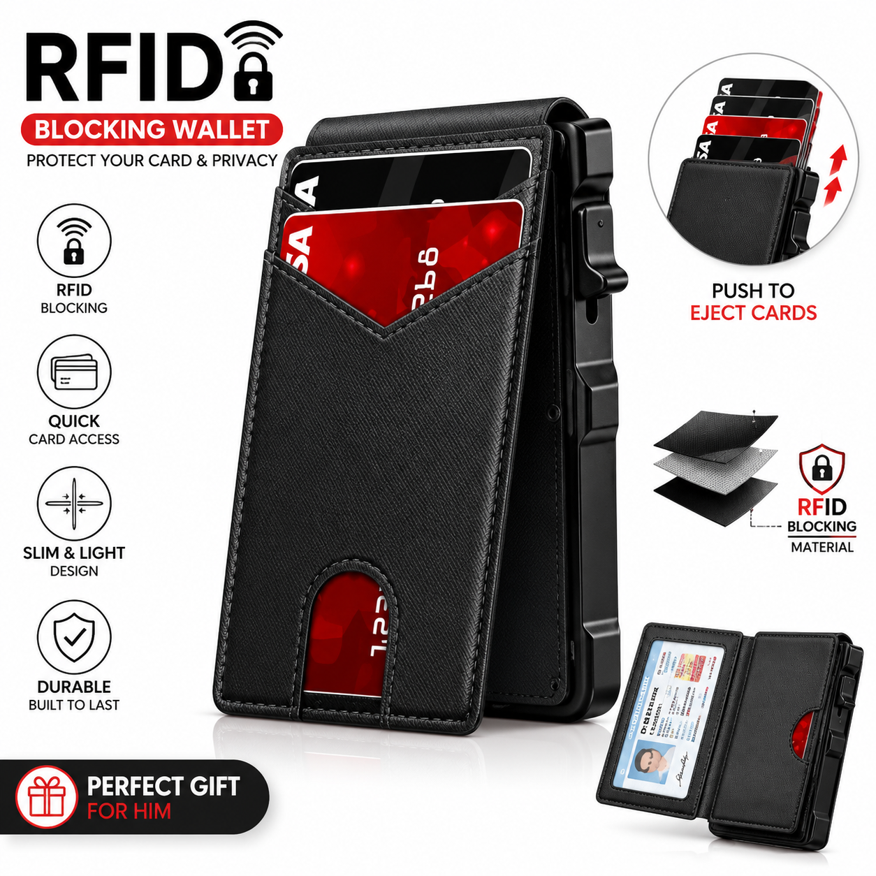💳 RFID Blocking Minimalist Pop-Up Wallet | One-Second Card Eject Design & Ultra Slim Pocket W