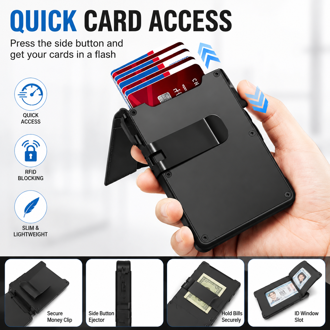 RFID Blocking Minimalist Pop-Up Wallet | One-Second Card Eject Design & Ultra Slim Pocket Wallet