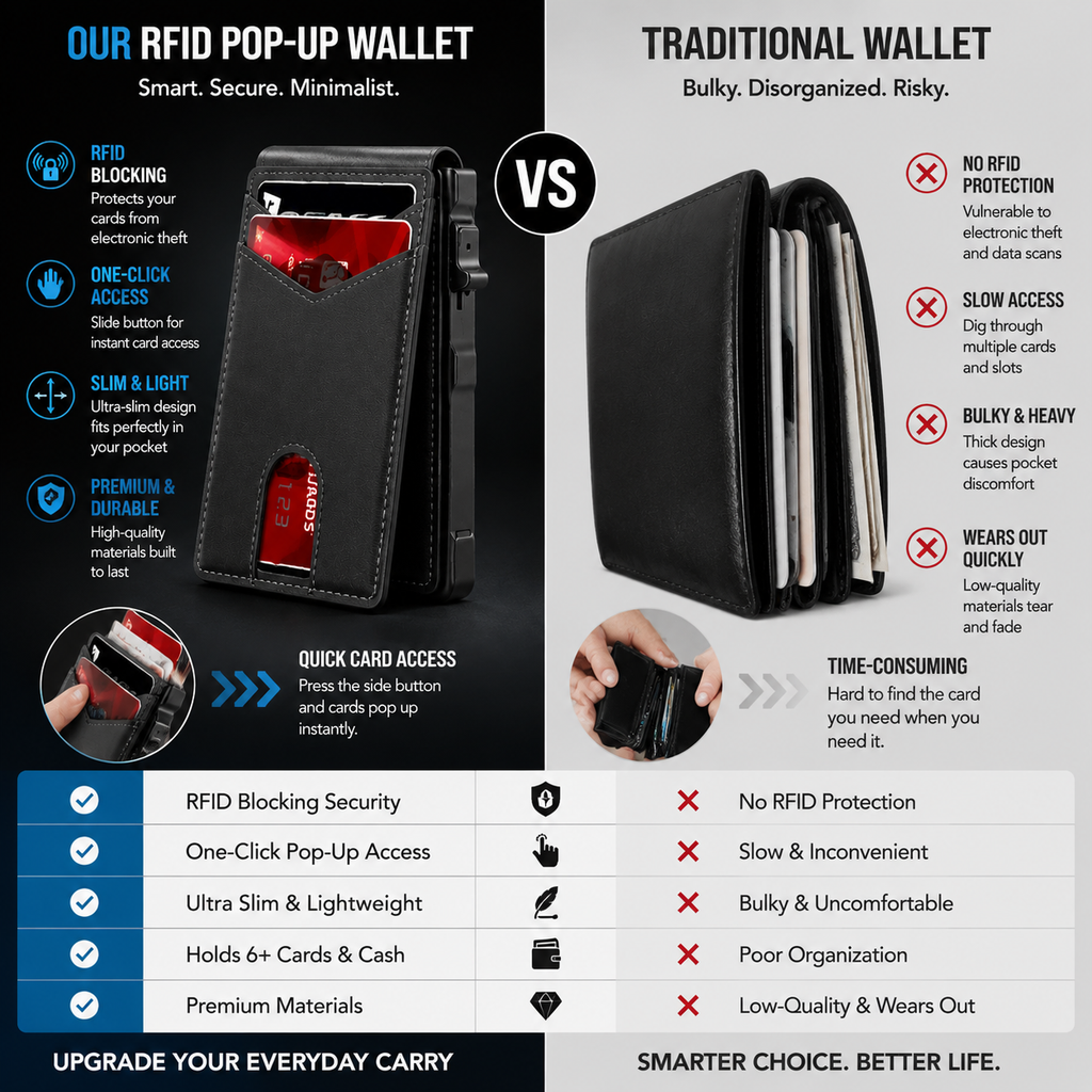 🔥2026 New Wallet for Men - Pop Up Case, Cash Slot, and Credit Card Slot - Aluminum Wallet with RFID Blocking, Minimalist Leather Wallet Front Pocket with ID Window