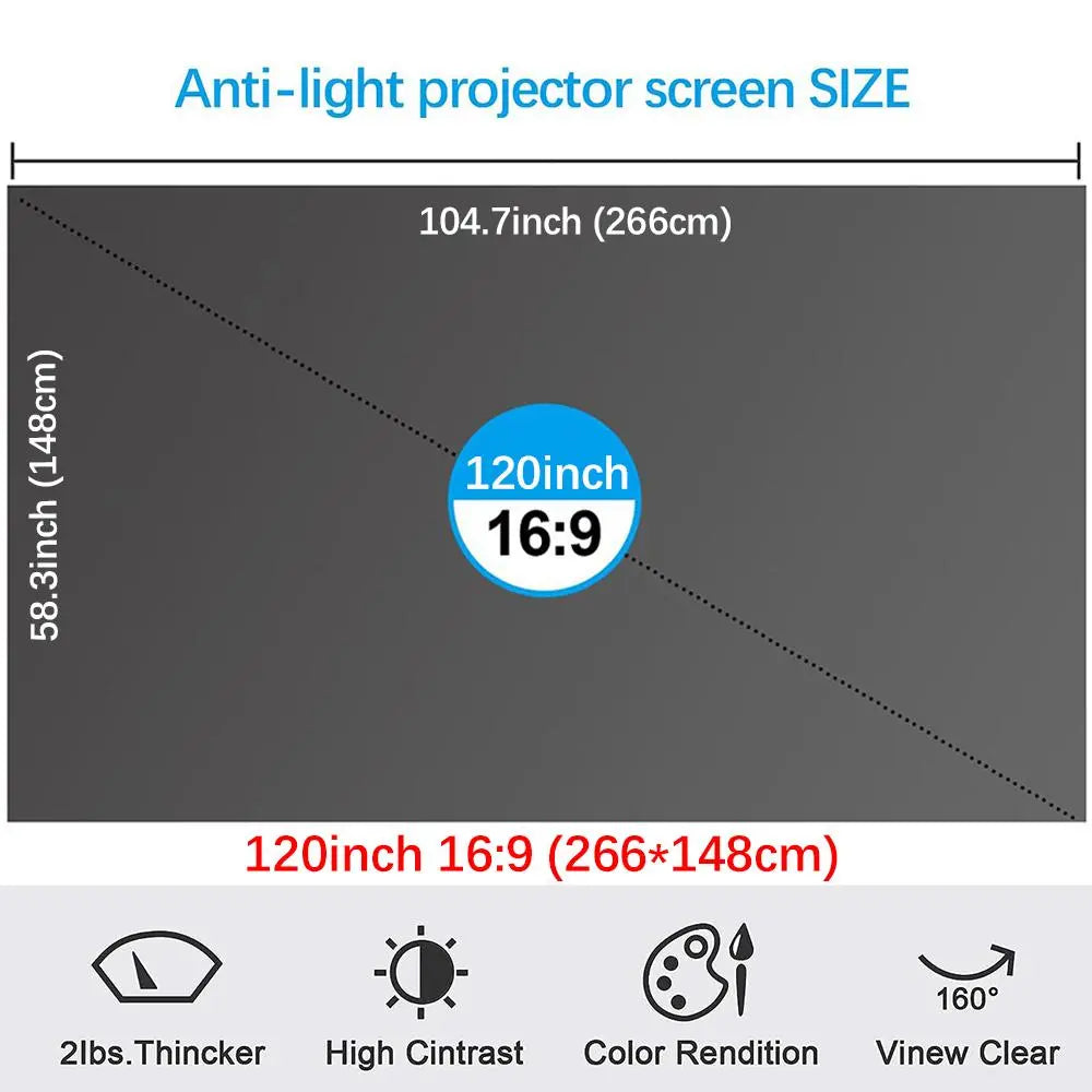 120 Inch Projector Screen, 4K Metal Lightproof Foldable Portable Movie Screen 16:9 for Home Theater Party Office Classroom Outdoor Indoor, Easy Installation with Velcro HD Projector Screen